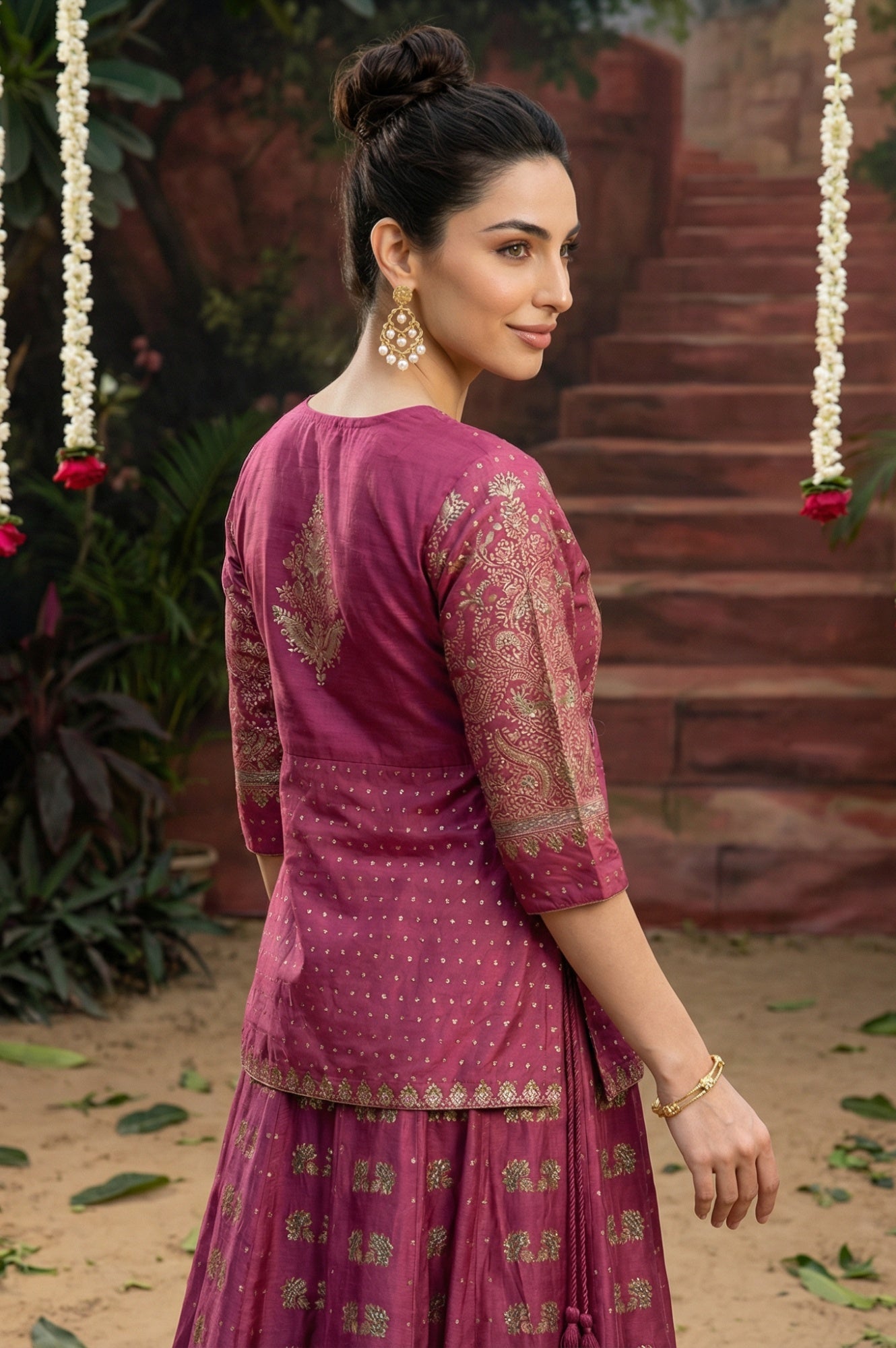 Grape Purple Glitter Floral Embellished Shantung A-Line Duo Dress