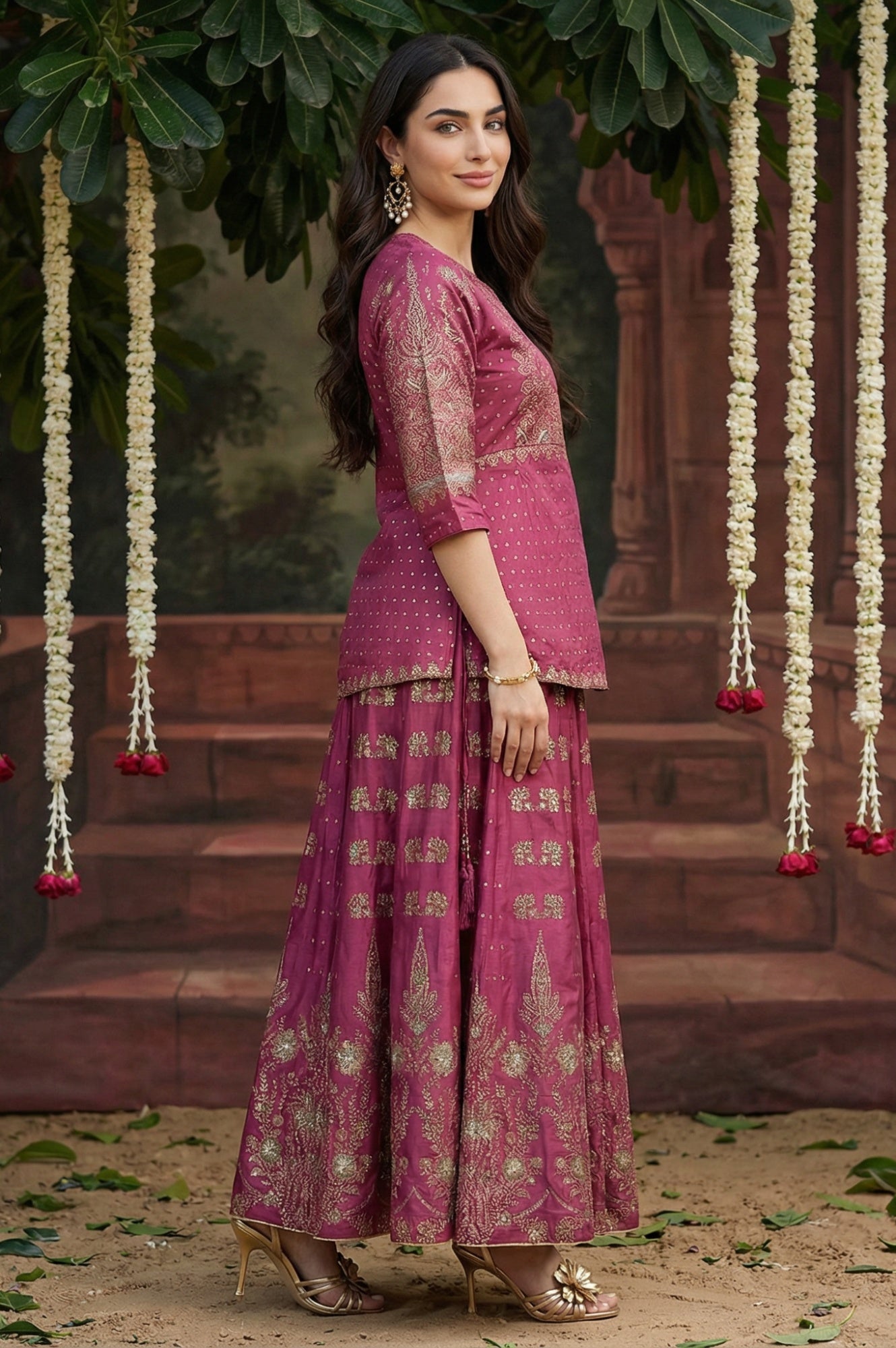 Grape Purple Glitter Floral Embellished Shantung A-Line Duo Dress