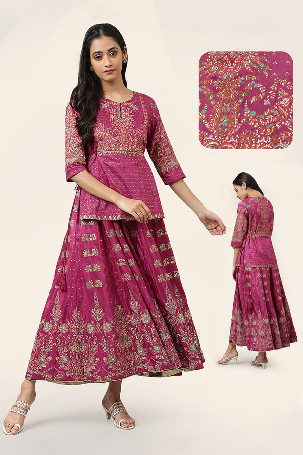 Grape Purple Glitter Floral Embellished Shantung A-Line Duo Dress