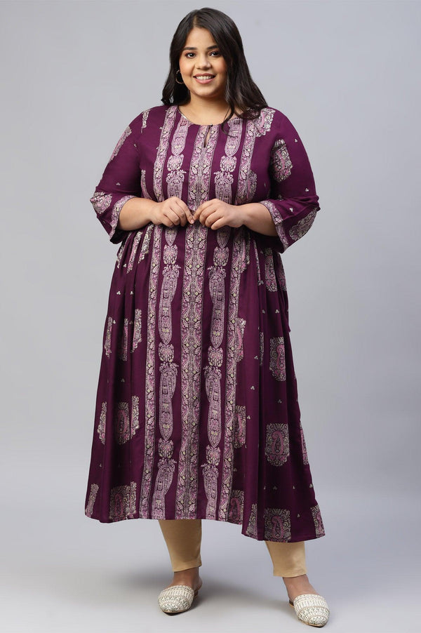 Plus Size Purple Paisley Print kurta With Sequin Highlighting