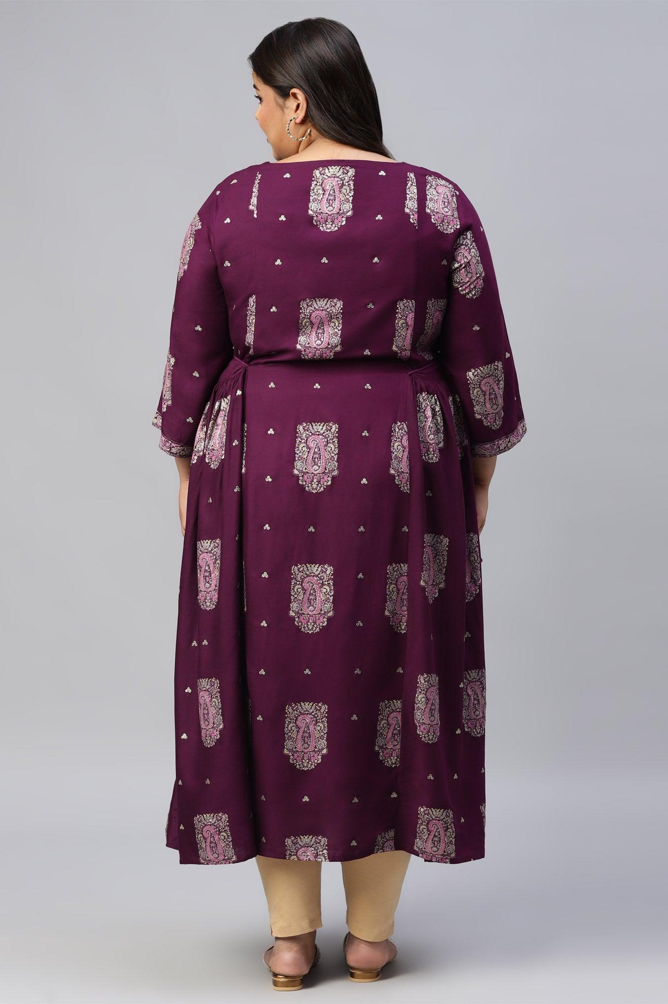 Plus Size Purple Paisley Print kurta With Sequin Highlighting - wforwoman