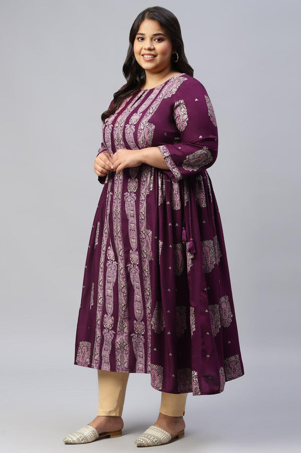 Plus Size Purple Paisley Print kurta With Sequin Highlighting