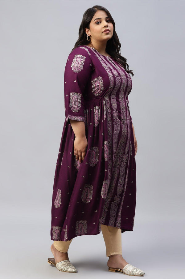 Plus Size Purple Paisley Print kurta With Sequin Highlighting