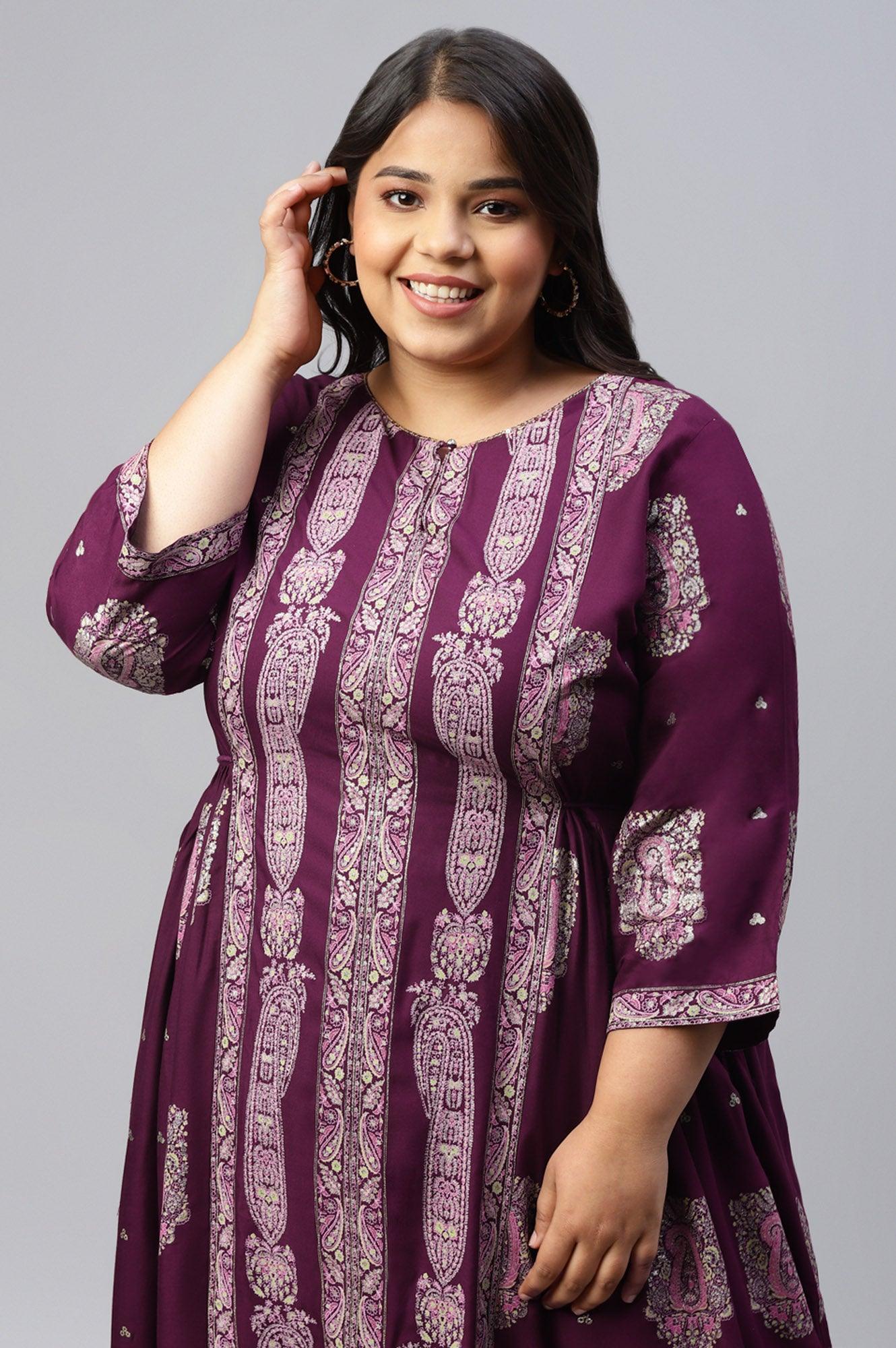 Plus Size Purple Paisley Print kurta With Sequin Highlighting - wforwoman