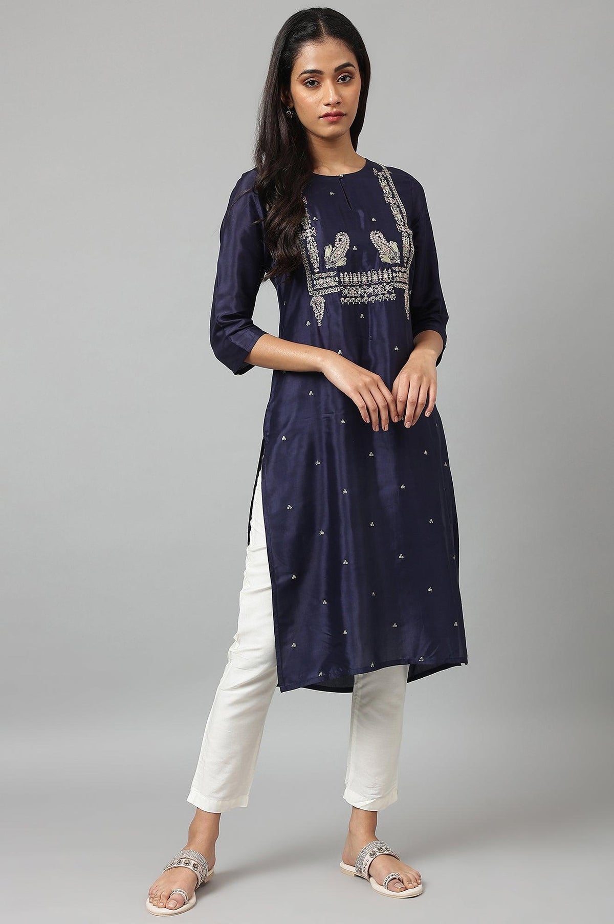 Blue Shatung Festive kurta With Embroidery - XS
