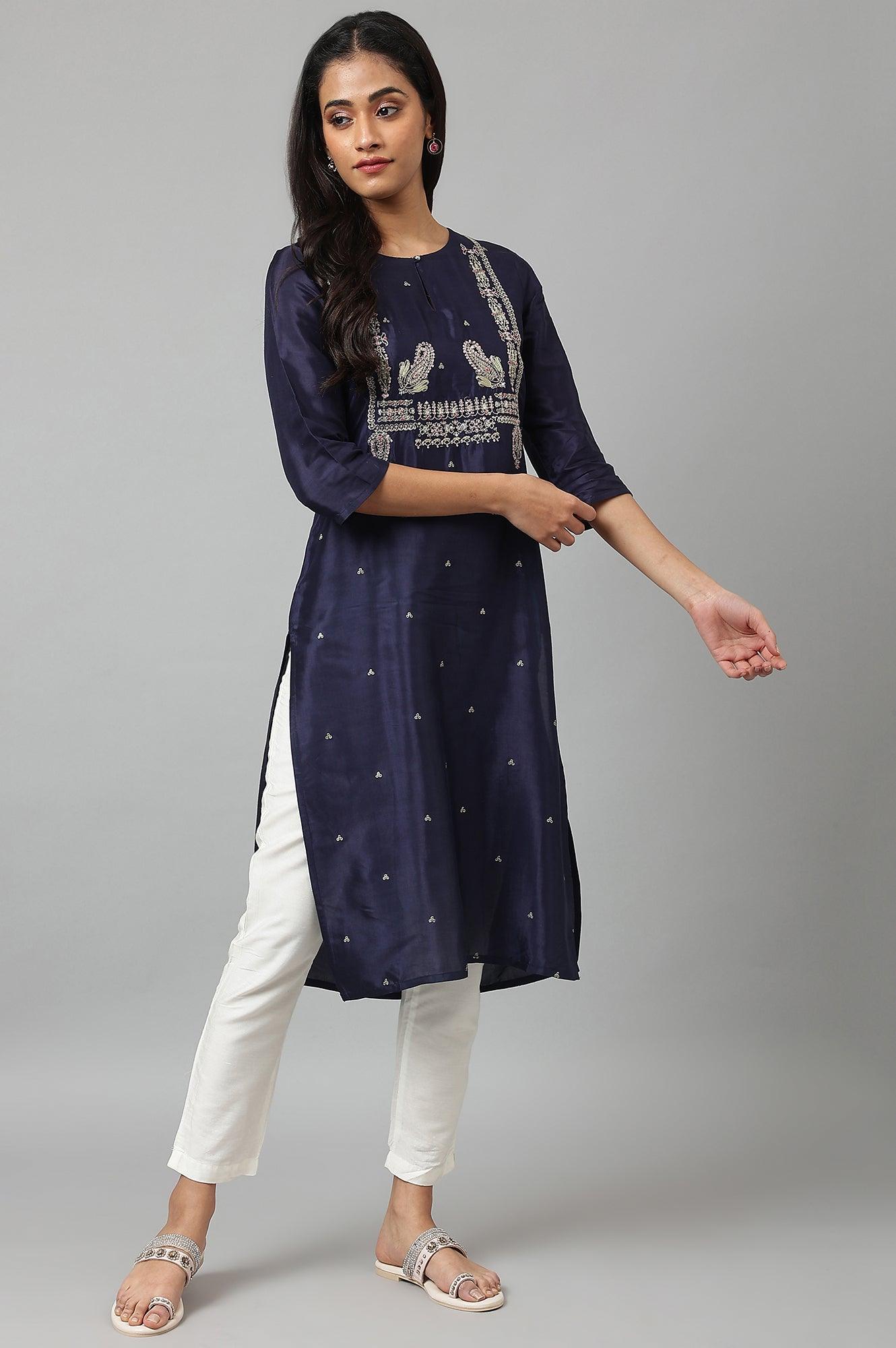 Blue Shatung Festive kurta With Embroidery - wforwoman