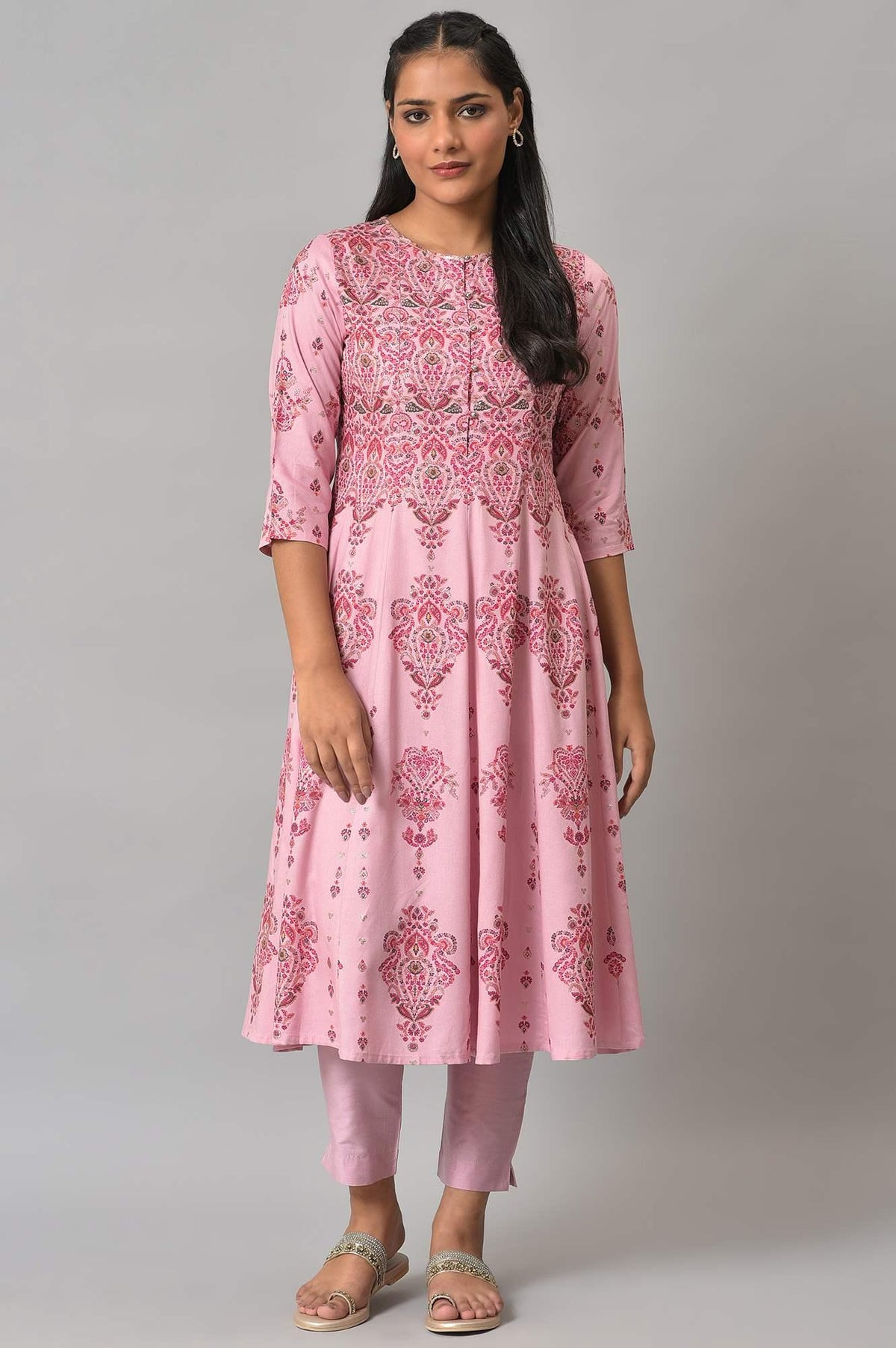 Pink Floral Print kurta With Sequins - S