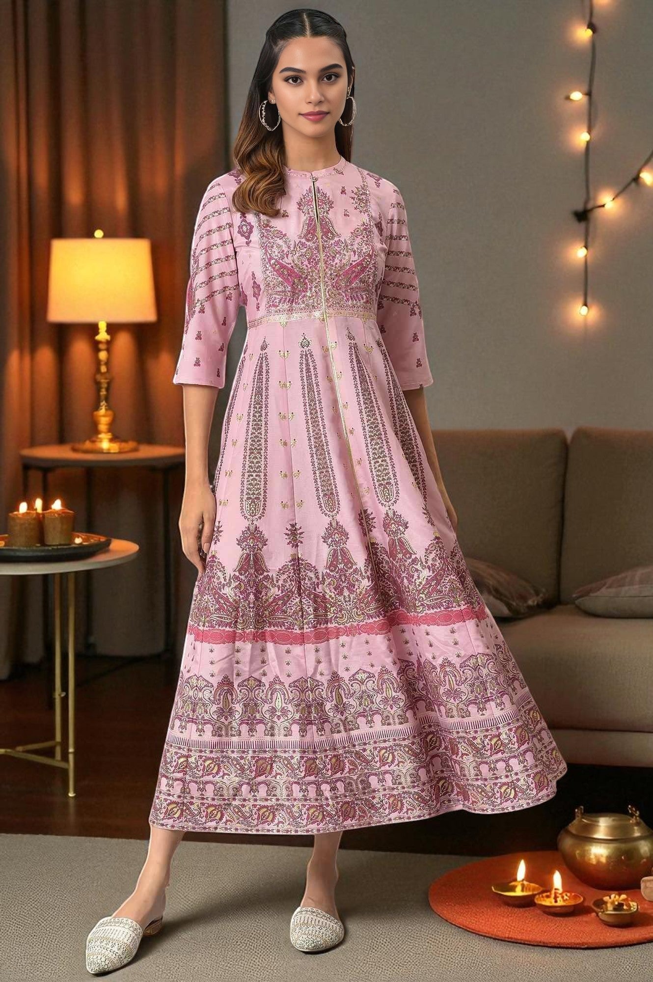 Cameo Pink Floral Printed Festive Dress