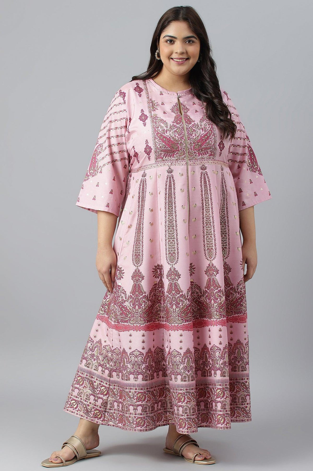 Plus Size Cameo Pink Floral Printed Festive Dress - 4XL
