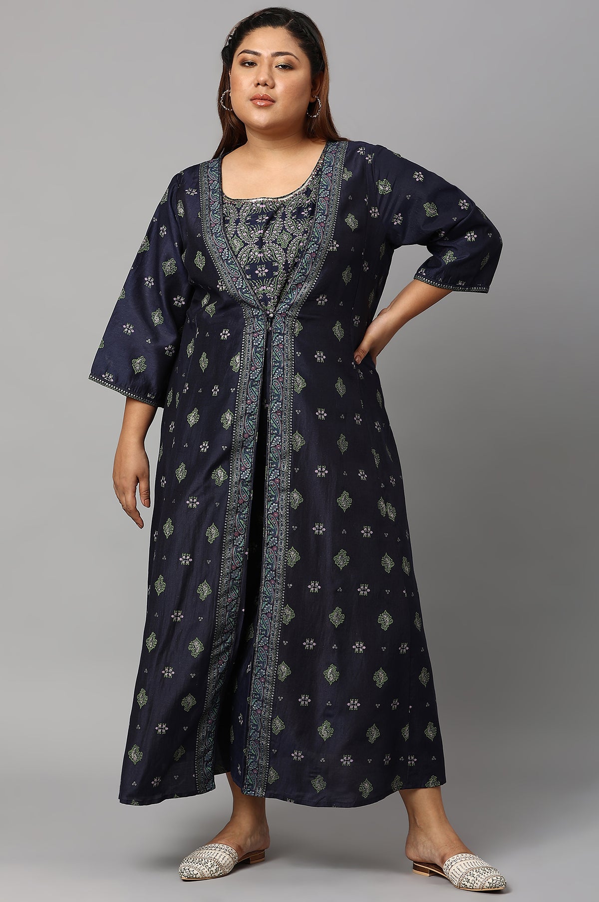 Navy Bue Mock Layered Kimono Plus Size Jumpsuit - 4XL