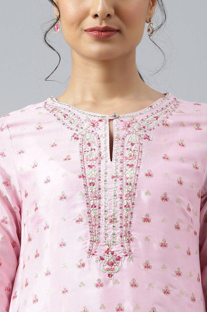 Cameo Pink Floral Printed And Embroidered kurta - wforwoman
