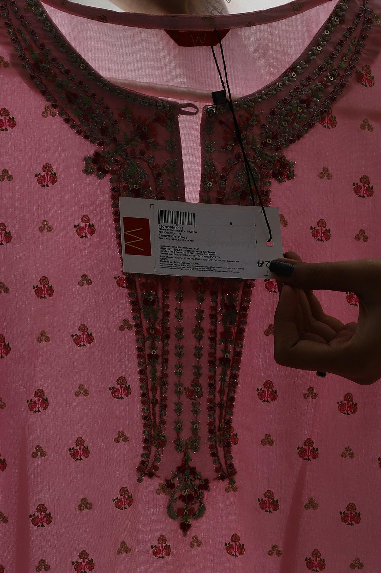 Cameo Pink Floral Printed And Embroidered kurta - wforwoman