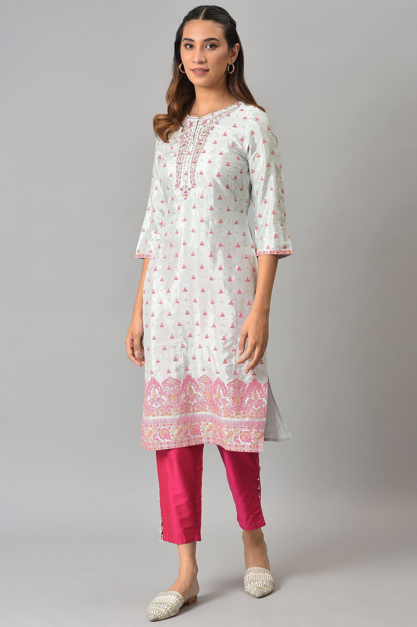 Light Blue Floral Printed kurta With Embroidery - wforwoman