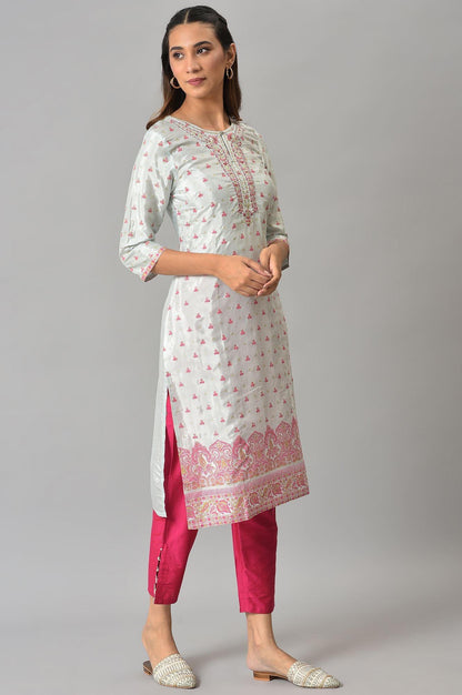 Light Blue Floral Printed kurta With Embroidery - wforwoman