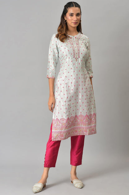 Light Blue Floral Printed kurta With Embroidery - wforwoman
