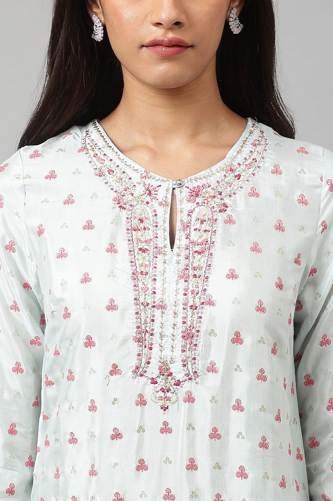 Light Blue Floral Printed kurta With Embroidery - wforwoman