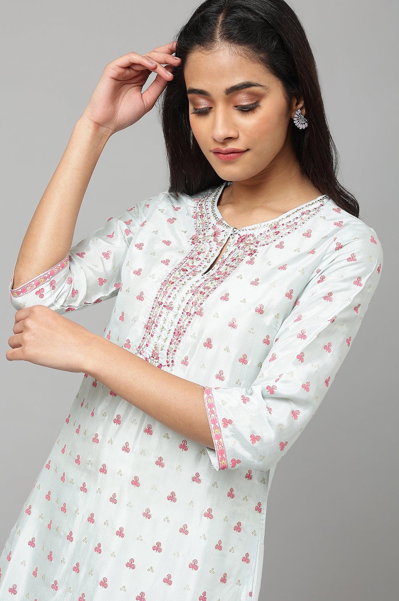 Light Blue Floral Printed kurta With Embroidery - wforwoman