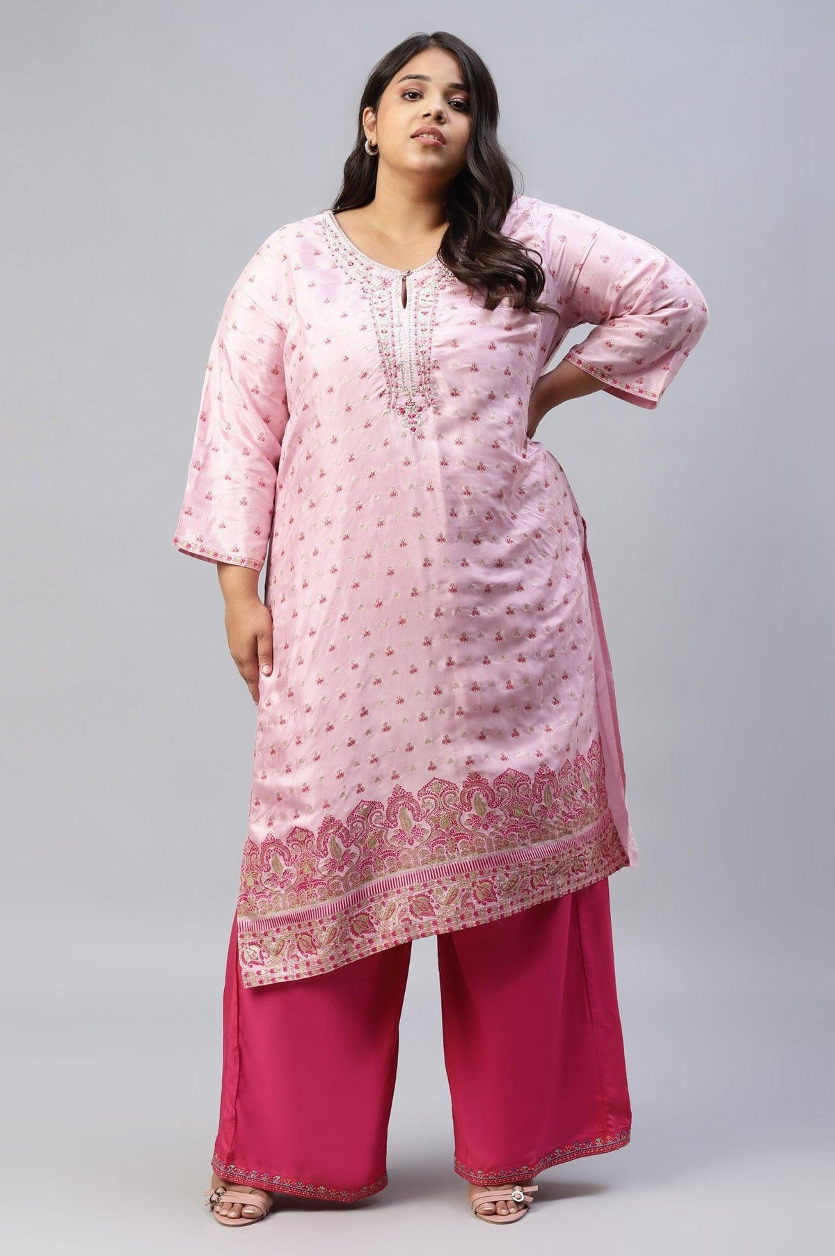 Cameo Pink Floral Printed And Embroidered Plus Size kurta - 20