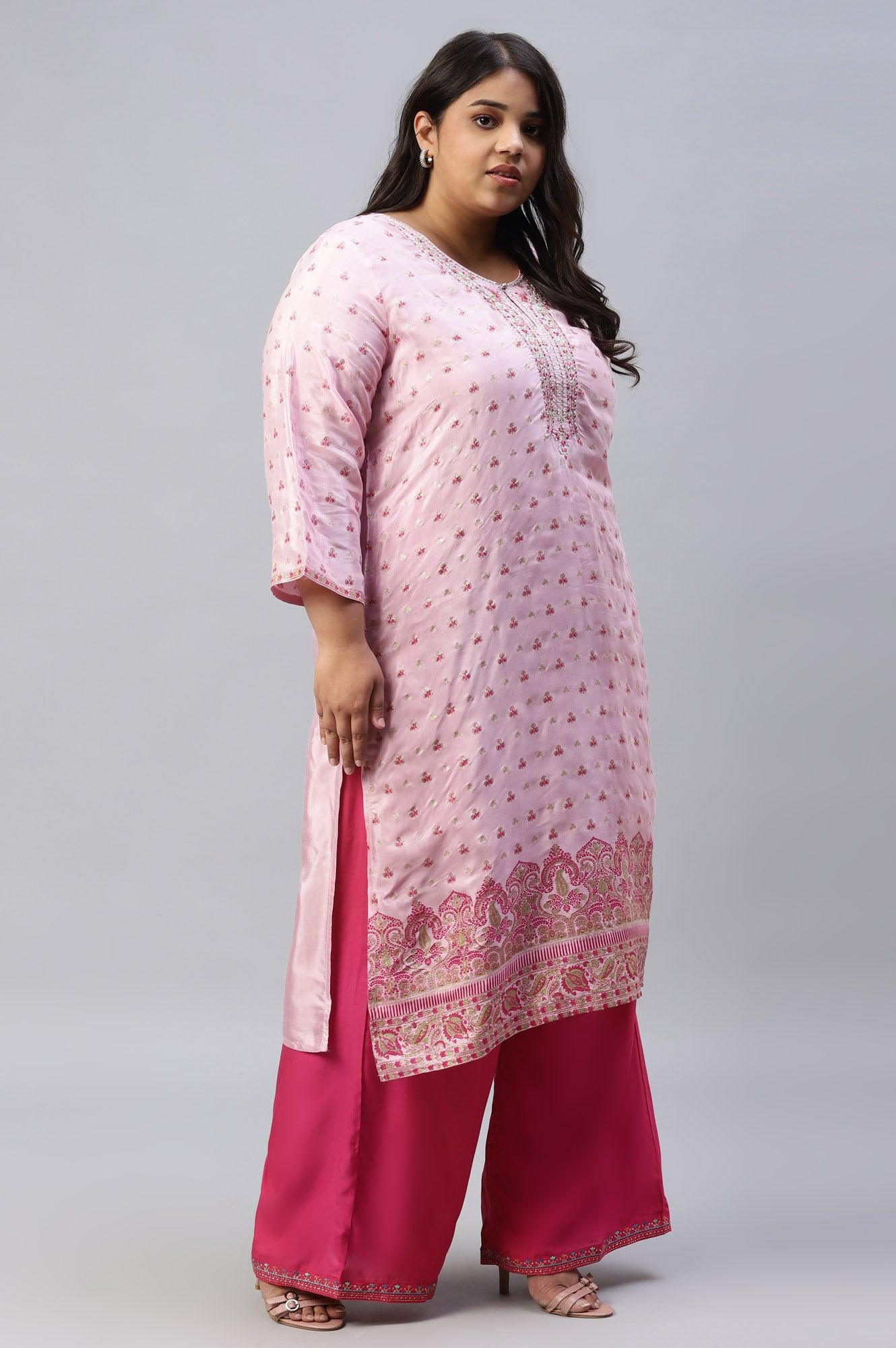 Cameo Pink Floral Printed And Embroidered Plus Size kurta - wforwoman