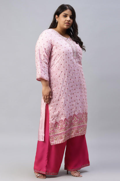 Cameo Pink Floral Printed And Embroidered Plus Size kurta - wforwoman