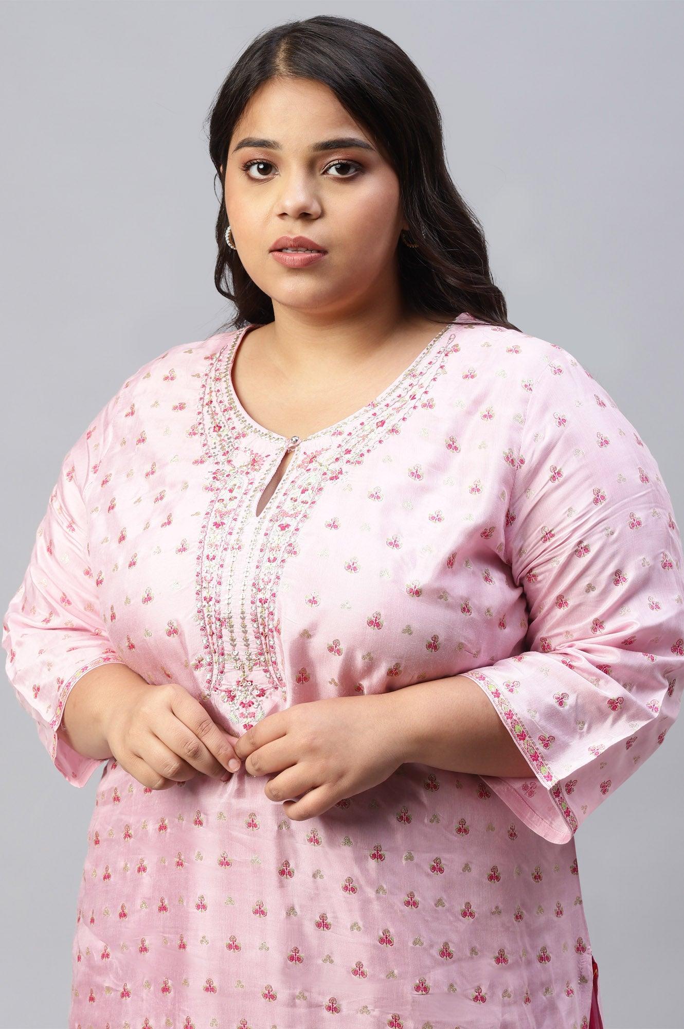 Cameo Pink Floral Printed And Embroidered Plus Size kurta - wforwoman
