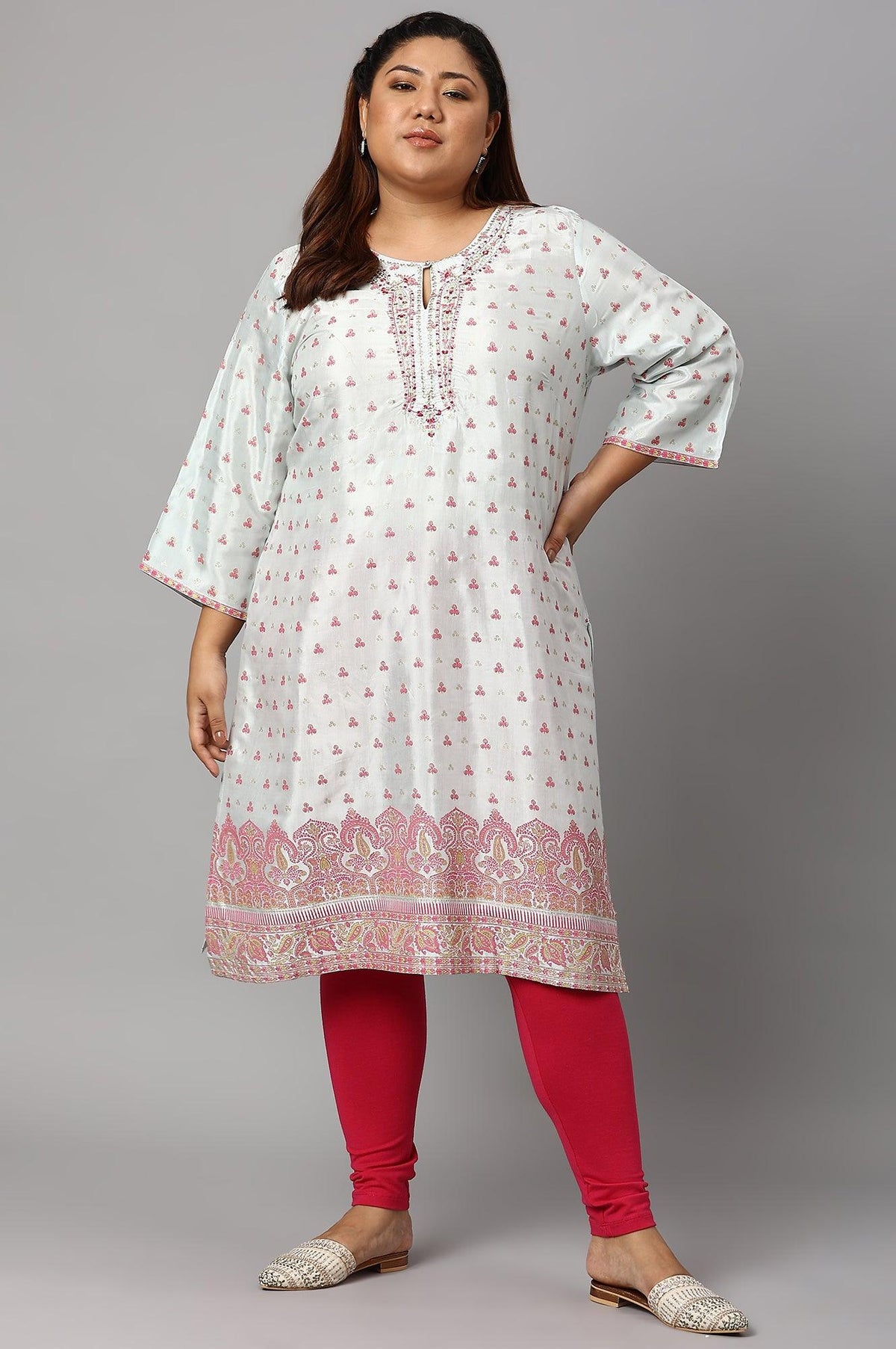 Light Blue Floral Printed Plus Size kurta With Embroidery - XS