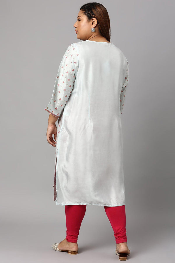 Light Blue Floral Printed Plus Size kurta With Embroidery
