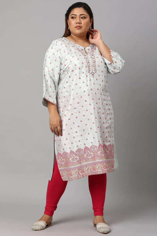 Light Blue Floral Printed Plus Size kurta With Embroidery
