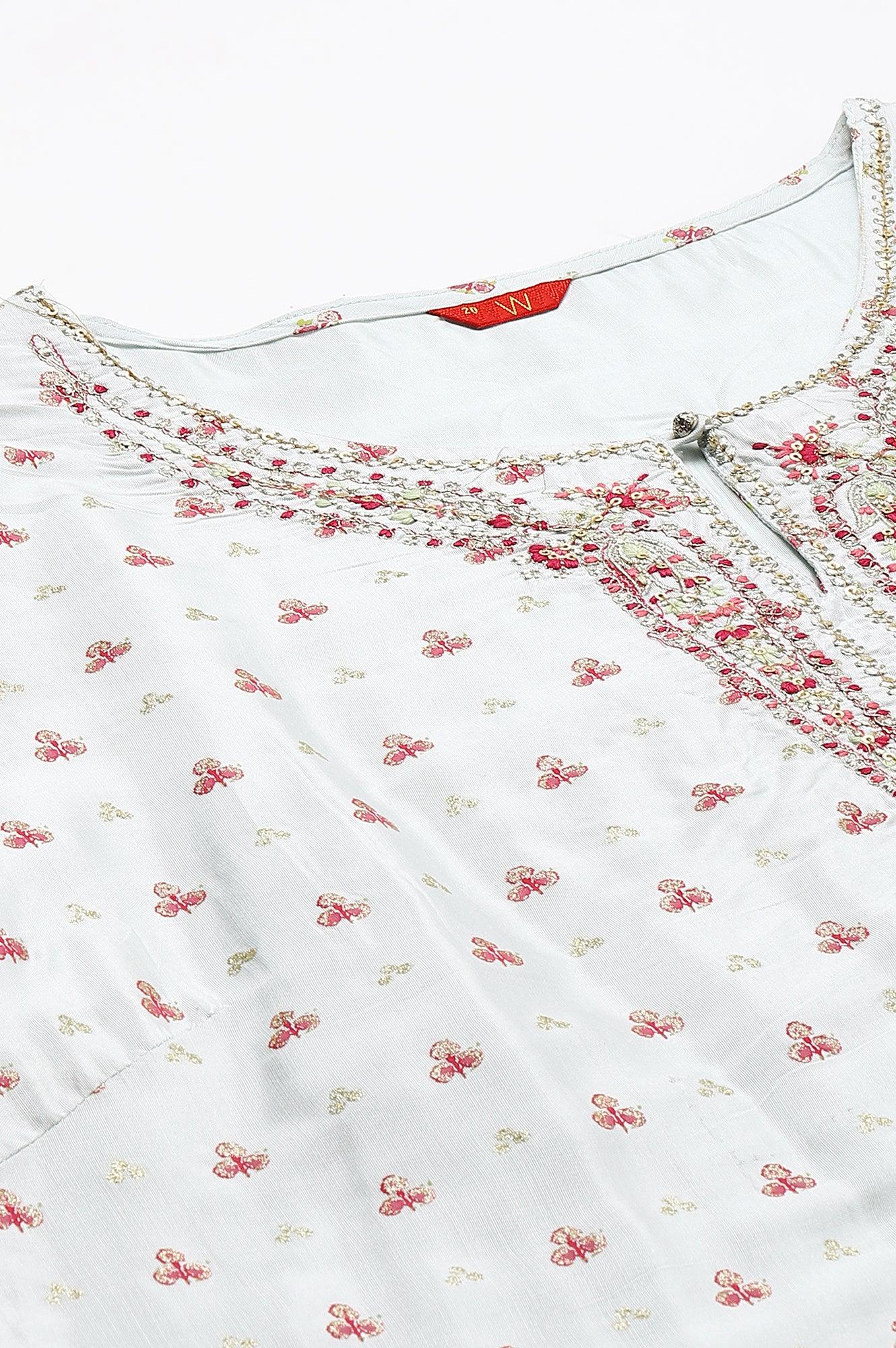 Light Blue Floral Printed Plus Size kurta With Embroidery - wforwoman