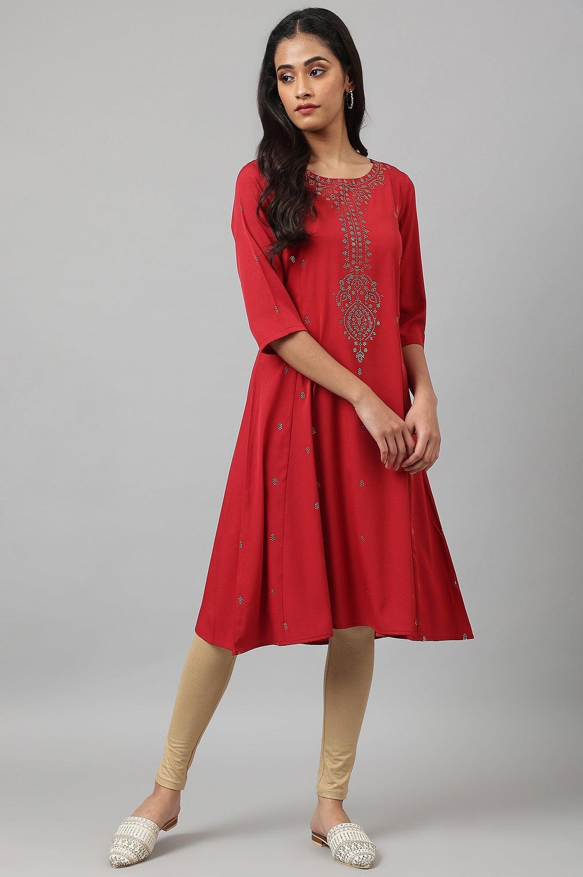 Red Mukaish Printed kurta - XS