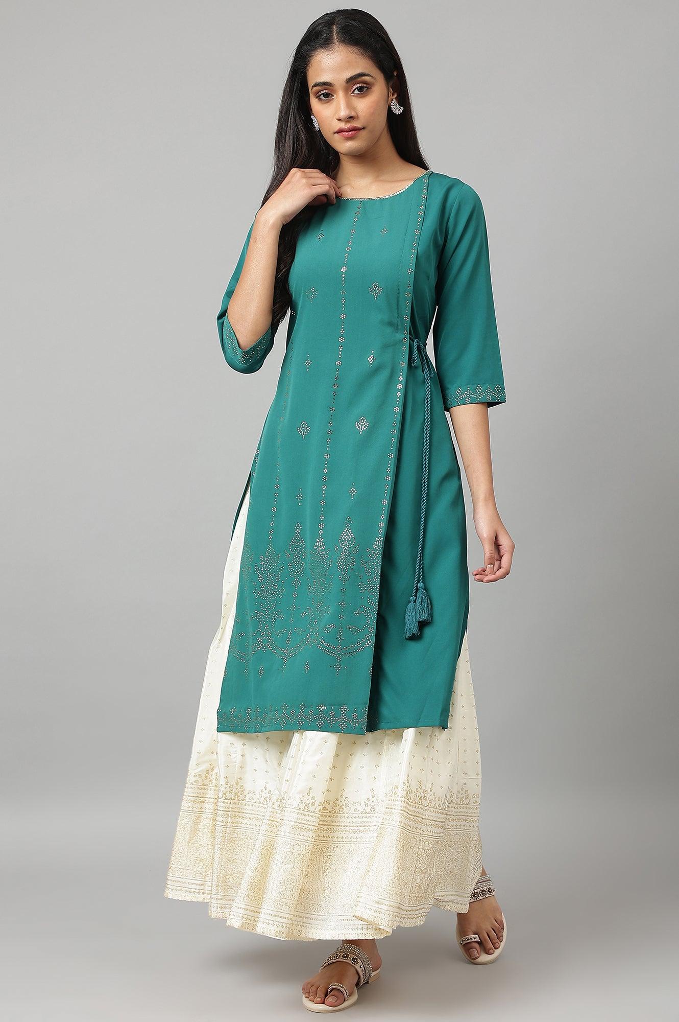 Green Mukaish Printed Layered kurta - wforwoman