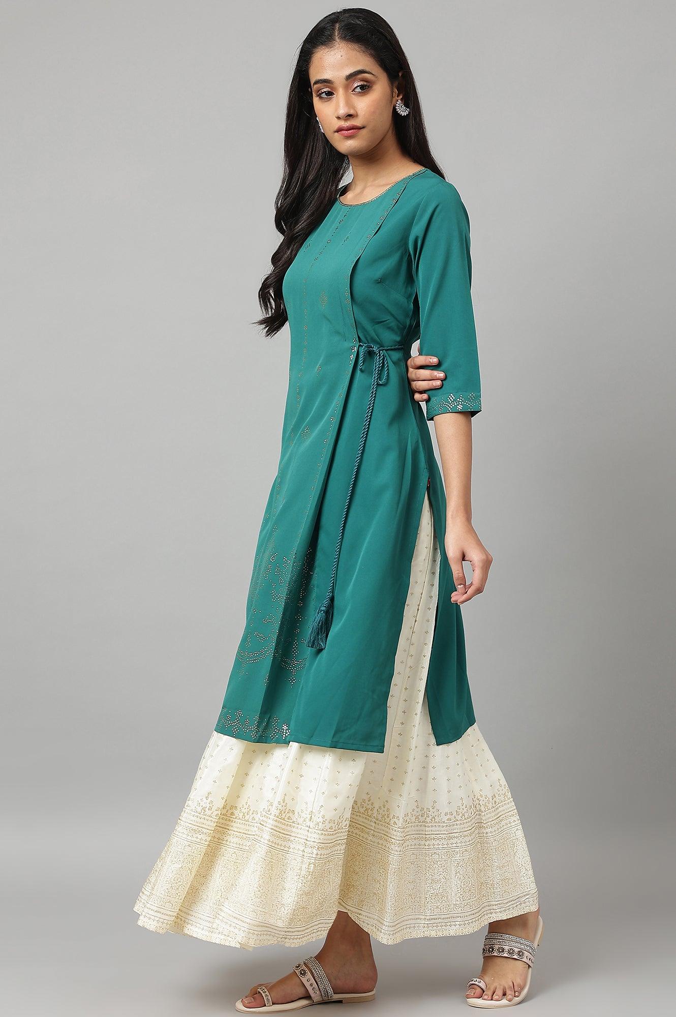 Green Mukaish Printed Layered kurta - wforwoman