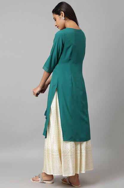 Green Mukaish Printed Layered kurta - wforwoman
