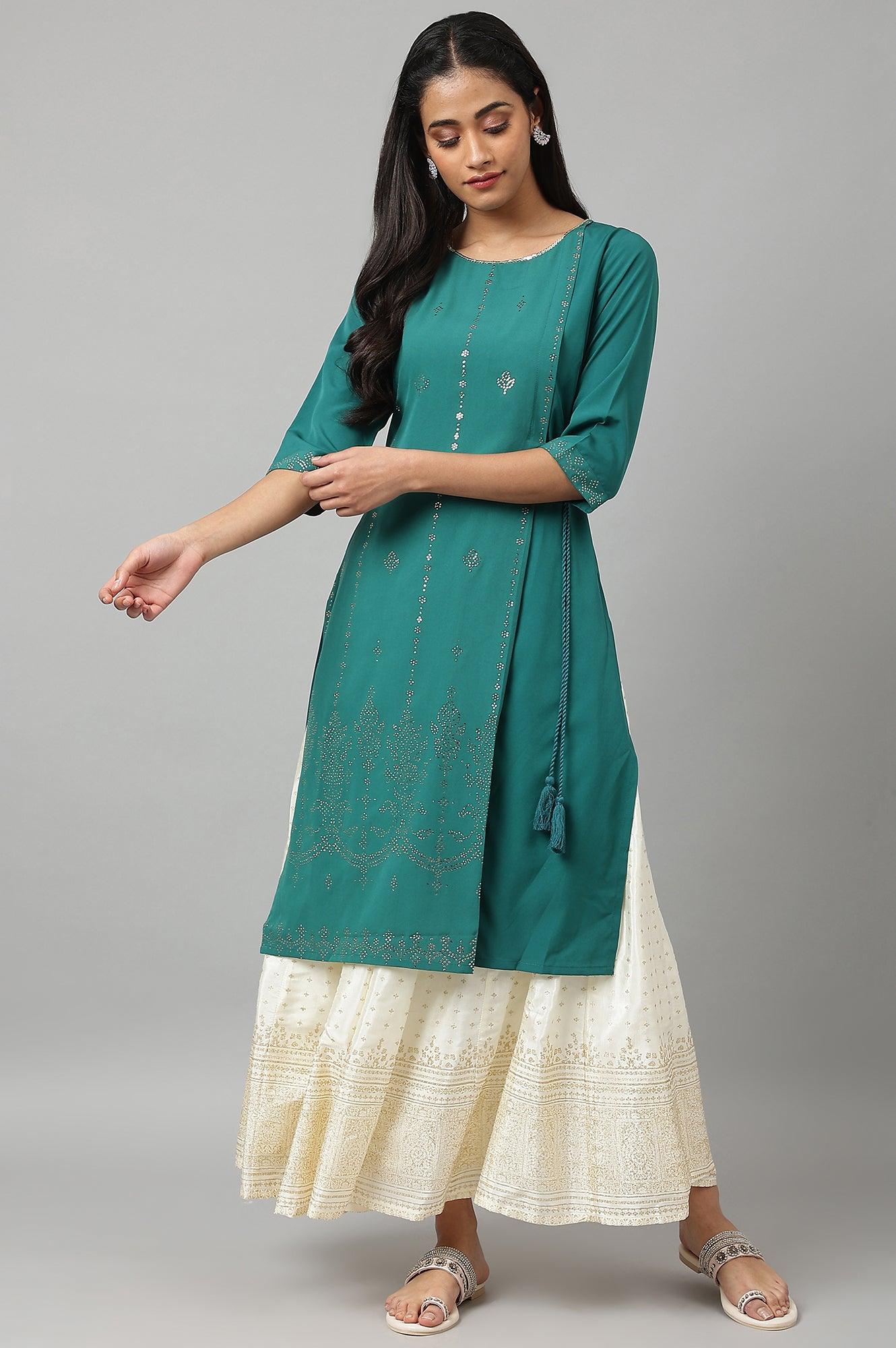 Green Mukaish Printed Layered kurta - wforwoman