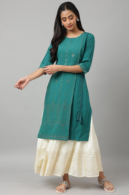 Green Mukaish Printed Layered kurta - wforwoman