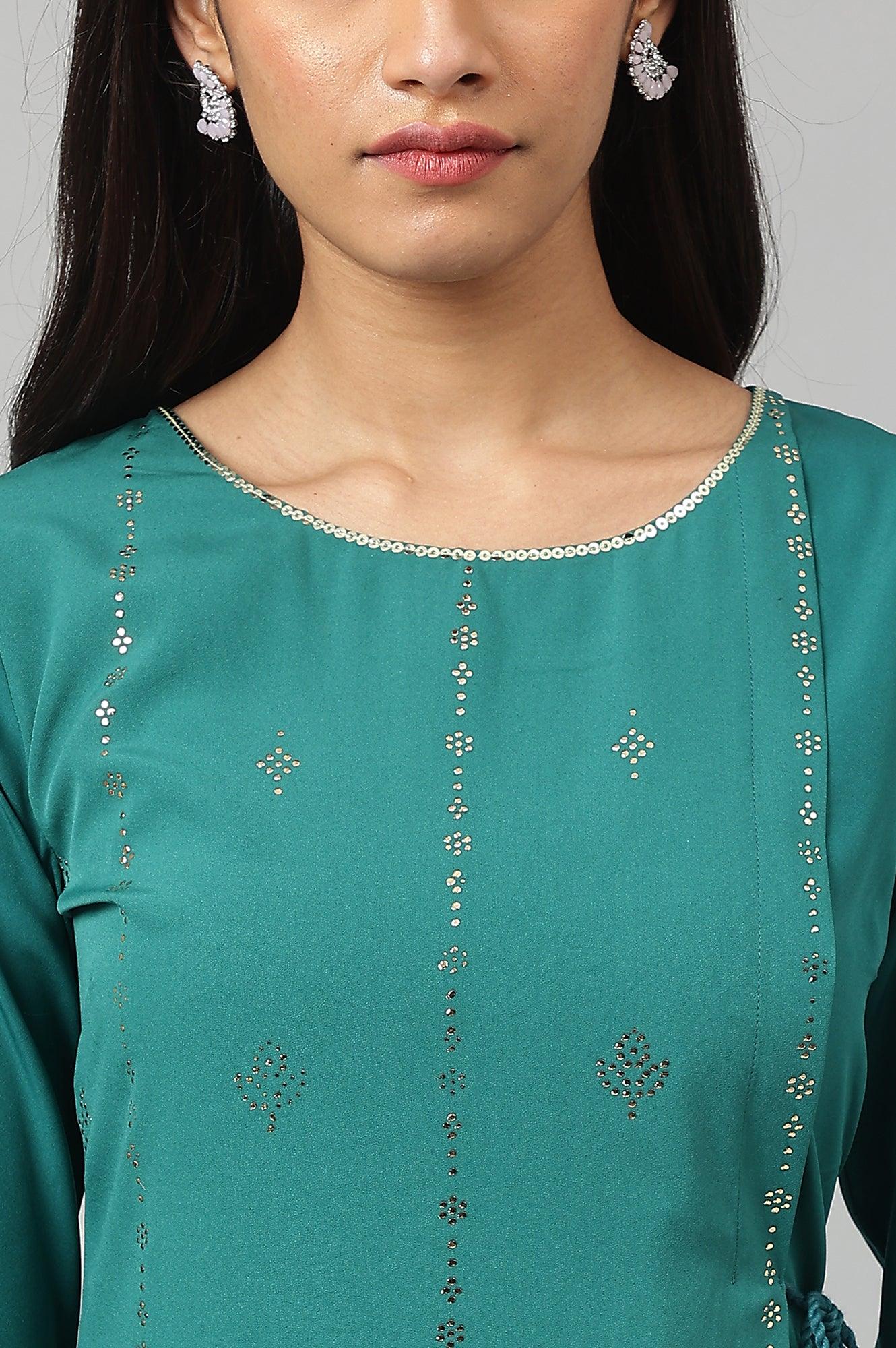 Green Mukaish Printed Layered kurta - wforwoman