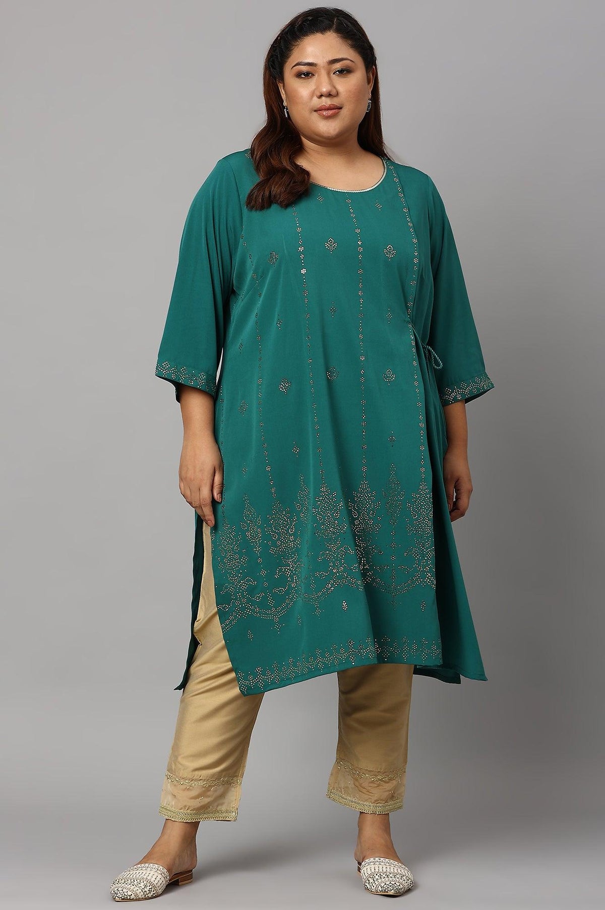 Green Mukaish Printed Layered Plus Size kurta - 20