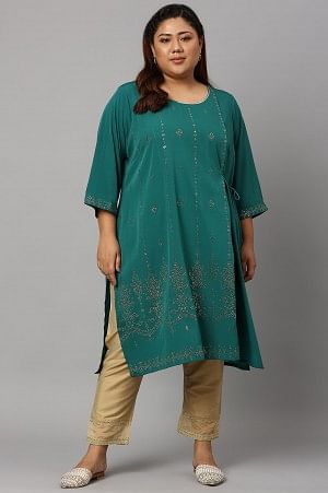 Green Mukaish Printed Layered Plus Size kurta with Gold Embroidered Slim Pants - 20
