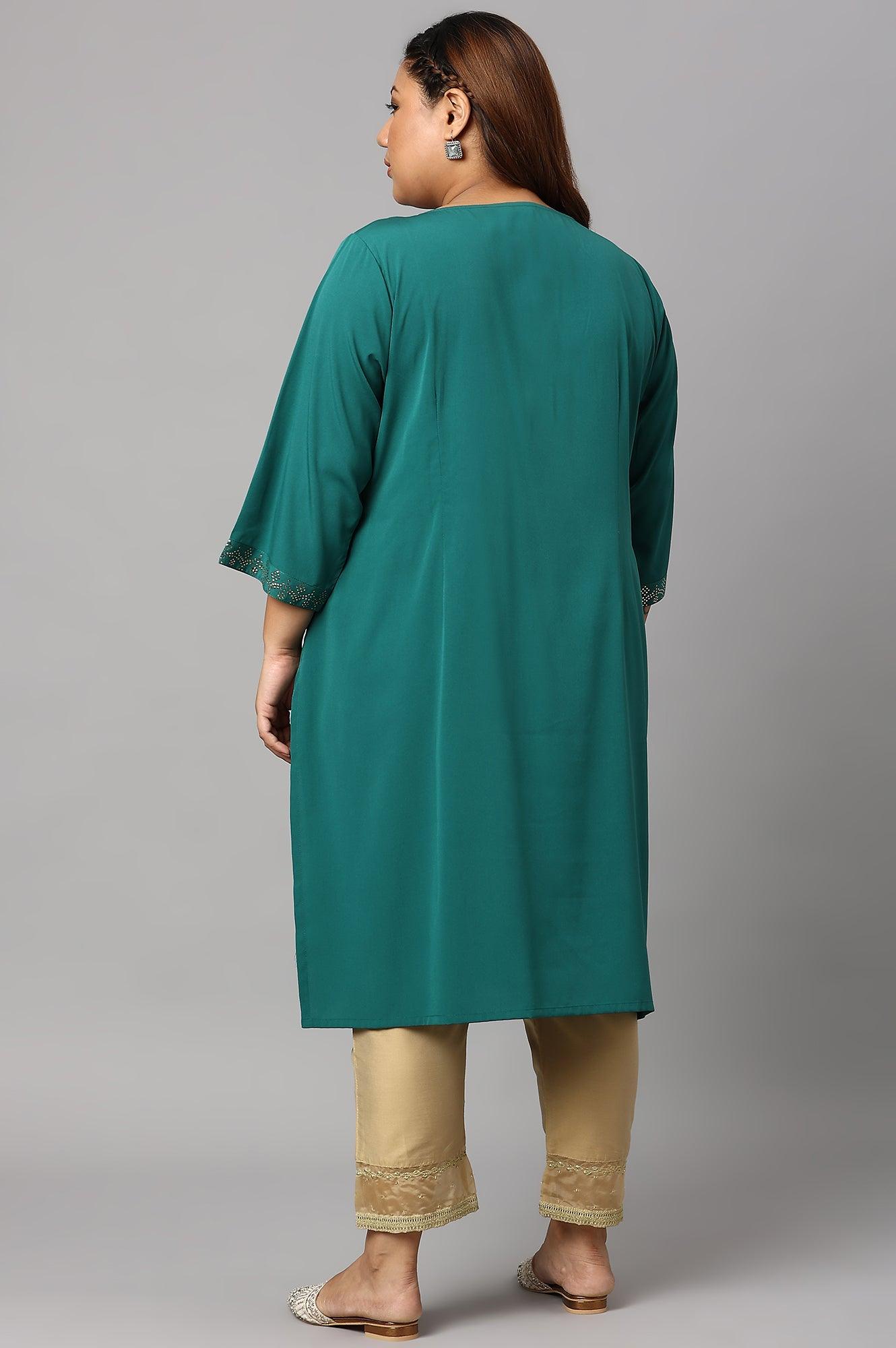 Green Mukaish Printed Layered Plus Size kurta - wforwoman