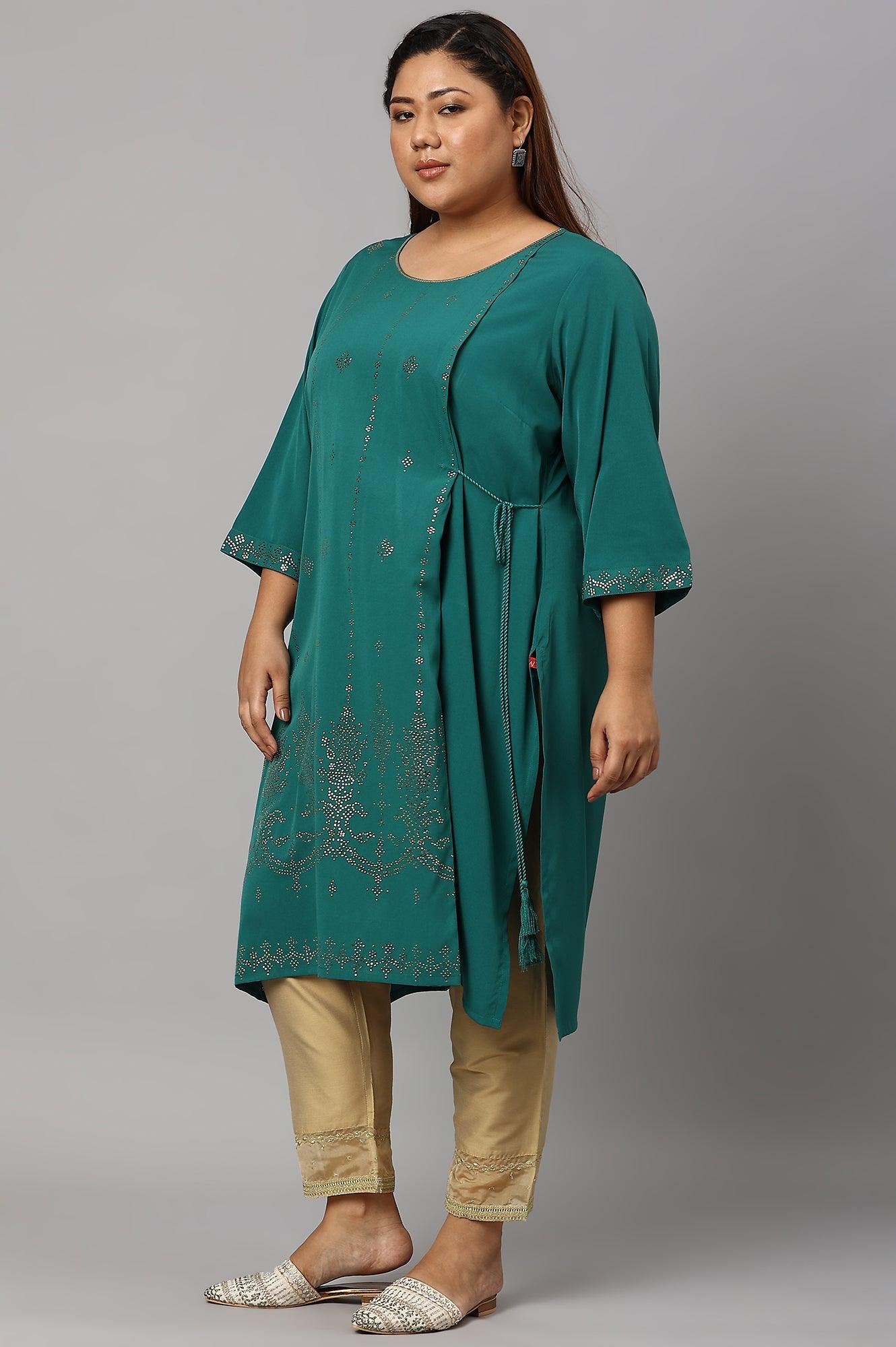 Green Mukaish Printed Layered Plus Size kurta - wforwoman