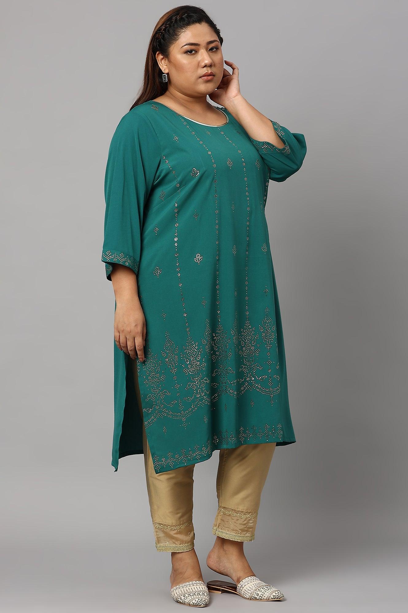 Green Mukaish Printed Layered Plus Size kurta - wforwoman