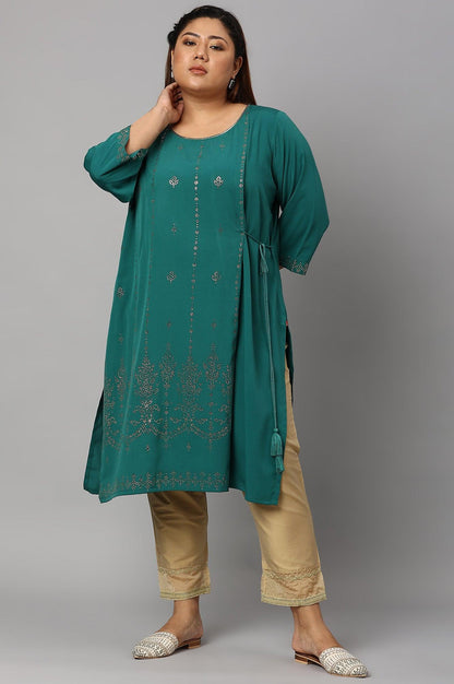 Green Mukaish Printed Layered Plus Size kurta - wforwoman
