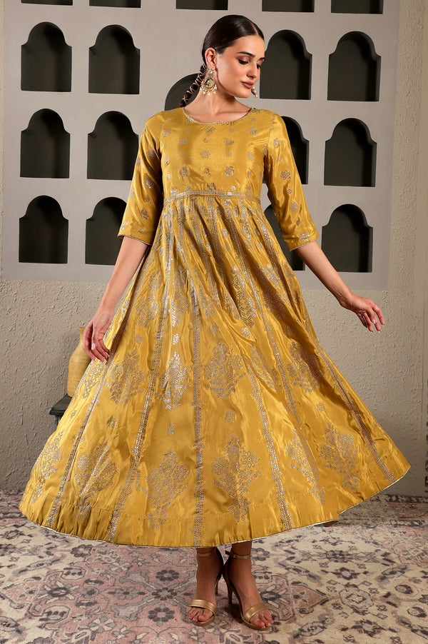 Yellow Mukaish Printed Embellished Shatung Anarkali Dress