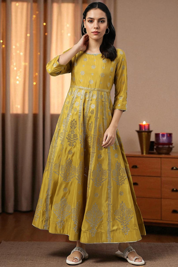 Yellow Mukaish Printed Embellished Shatung Anarkali Dress