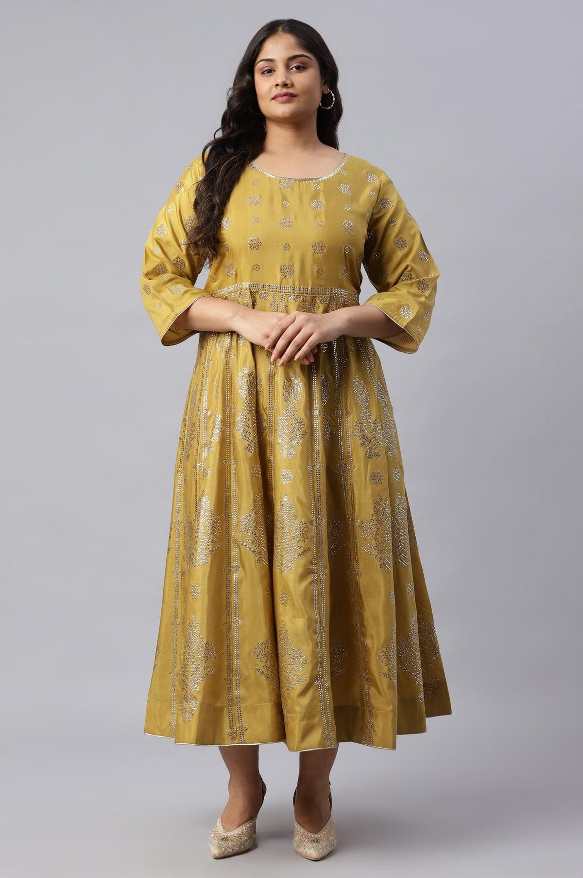 Plus Size Yellow Panelled Kalidar Ethnic Dress With Sequin - 20