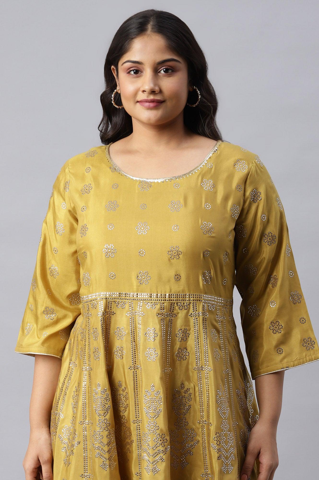Plus Size Yellow Panelled Kalidar Ethnic Dress With Sequin - wforwoman