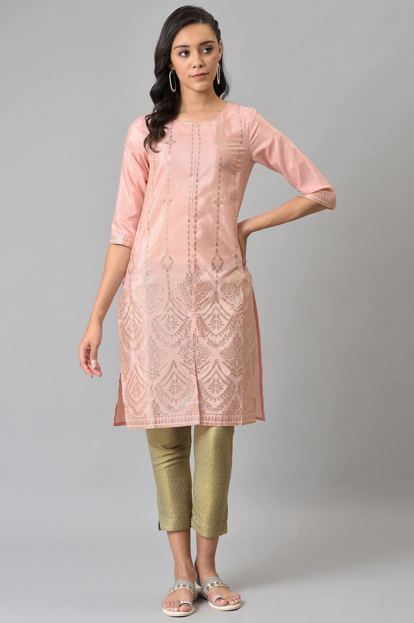 Blush Pink Mukaish Printed kurta - wforwoman