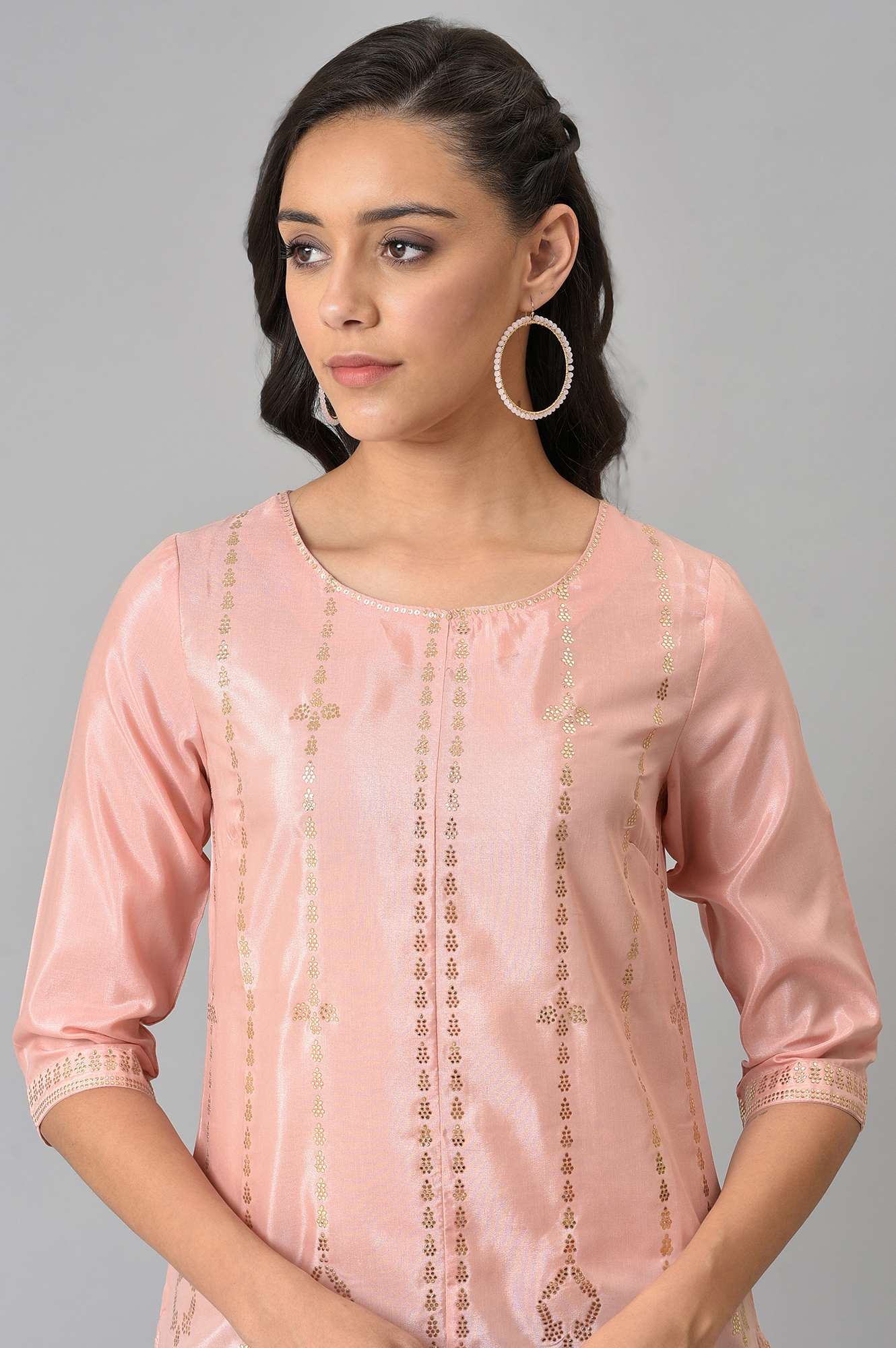 Light Pink Geometric Printed Sequins Shantung Straight Kurta and Slim Pant Set