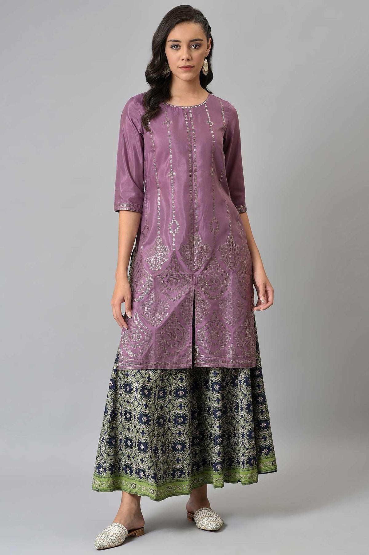 Purple Shantung Mukaish Printed kurta - XL