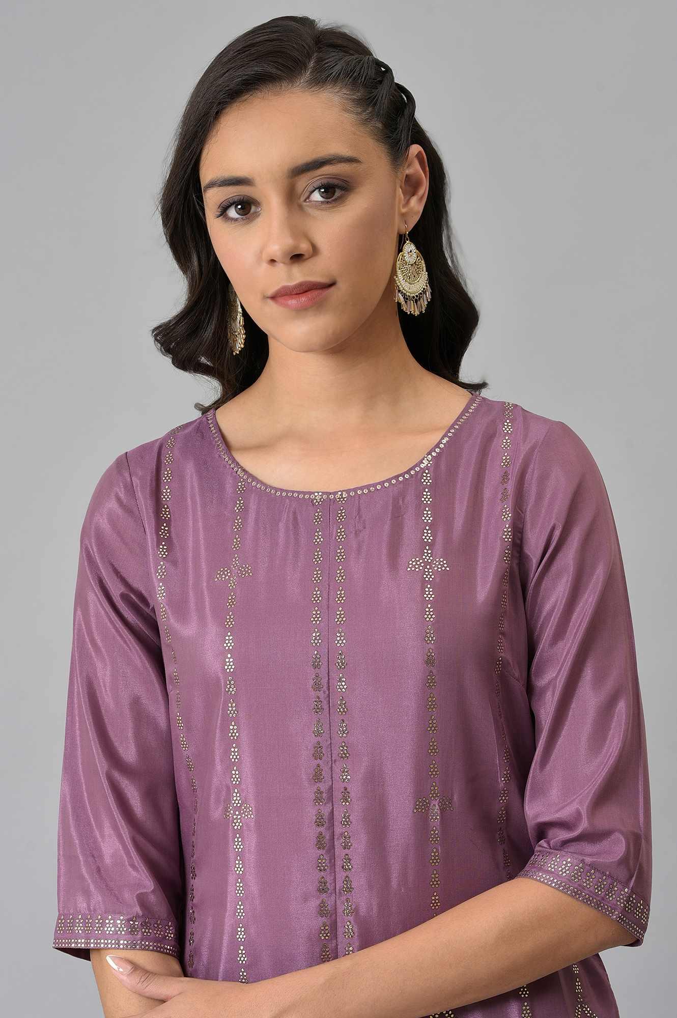 Purple Shantung Mukaish Printed kurta - wforwoman